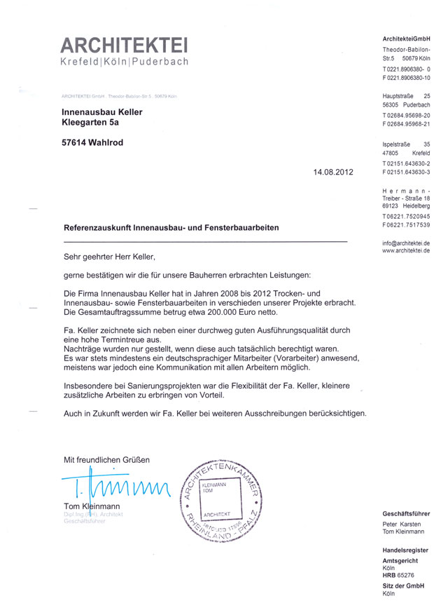 Referenzauskunft der Architektei Krefeld/Köln/Puderbach über Innenausbau- und Fensterbauarbeiten