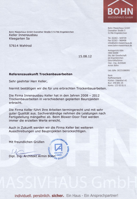 Referenzauskunft der Bohn Massivhaus GmbH über Trockenbauarbeiten