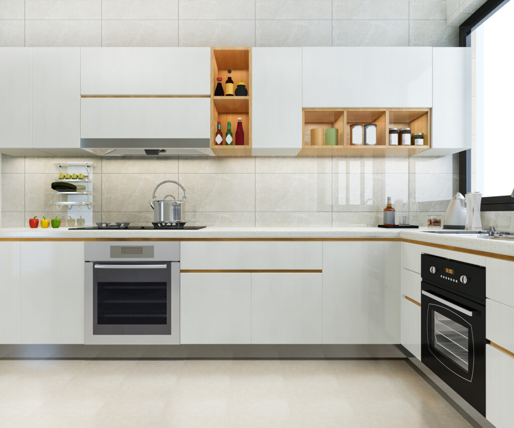 3d rendering modern kitchen counter with white and biege design